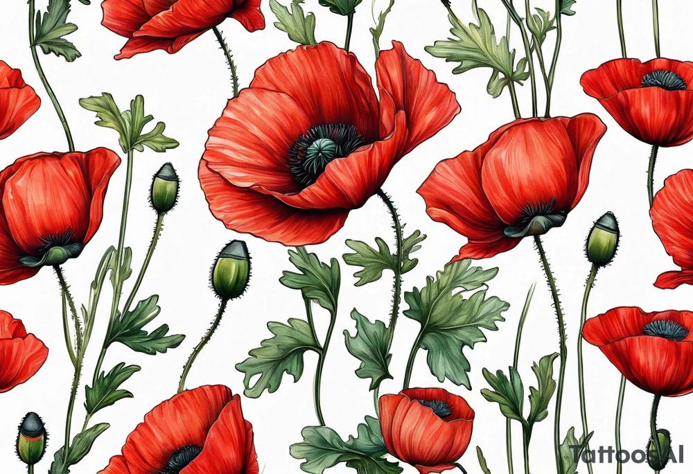 Red poppy flower with stem tattoo idea