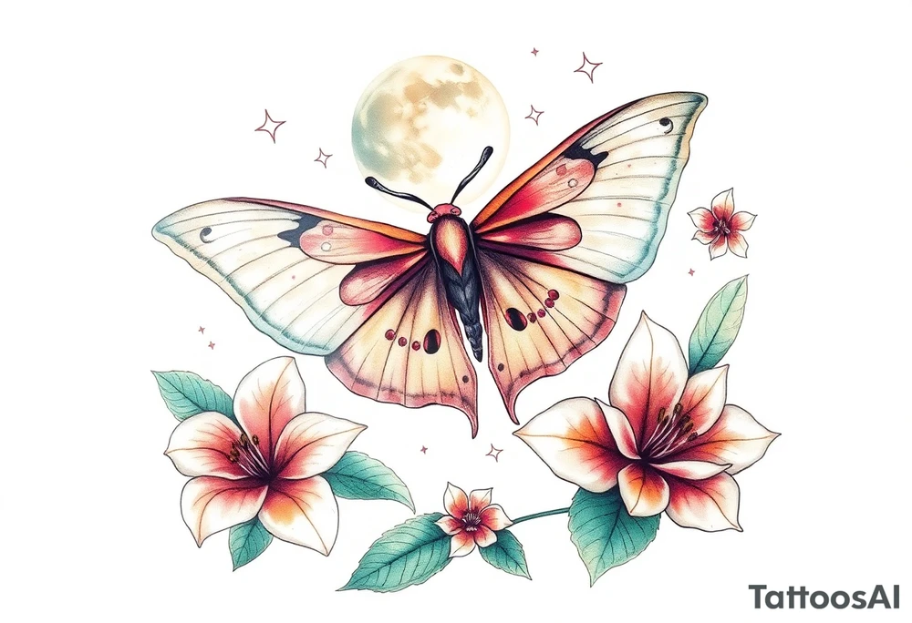 Beautiful Luna moth encompassed by tiger lily flowers and stars tattoo idea