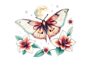 Beautiful Luna moth encompassed by tiger lily flowers and stars tattoo idea