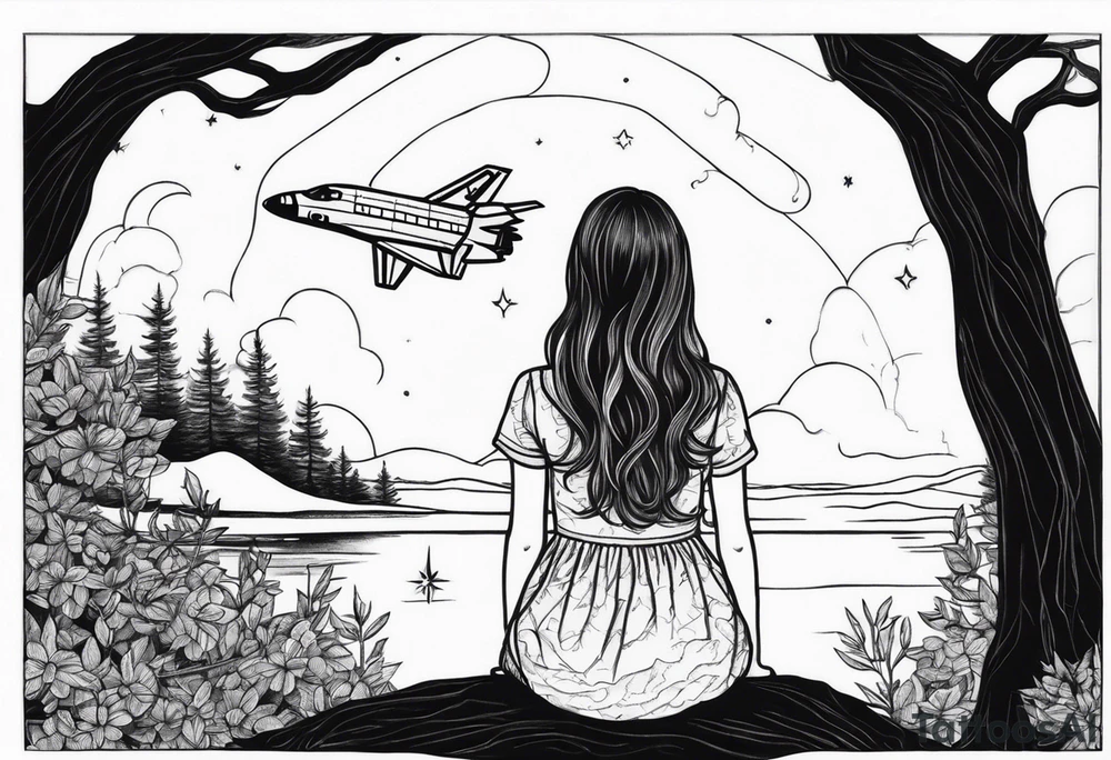 back of small girl in dress with long hair sitting on a tree branch watching a space shuttle launch in the distance tattoo idea