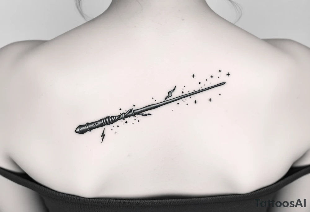 A magic wand (hermione's) with magic dust all around it and a ladybud exiting the wand like a magic spell, and some small detail around it that would do a piggyback on harry poter like a lightning, harry's glasses, the golden snitch etc... tattoo idea