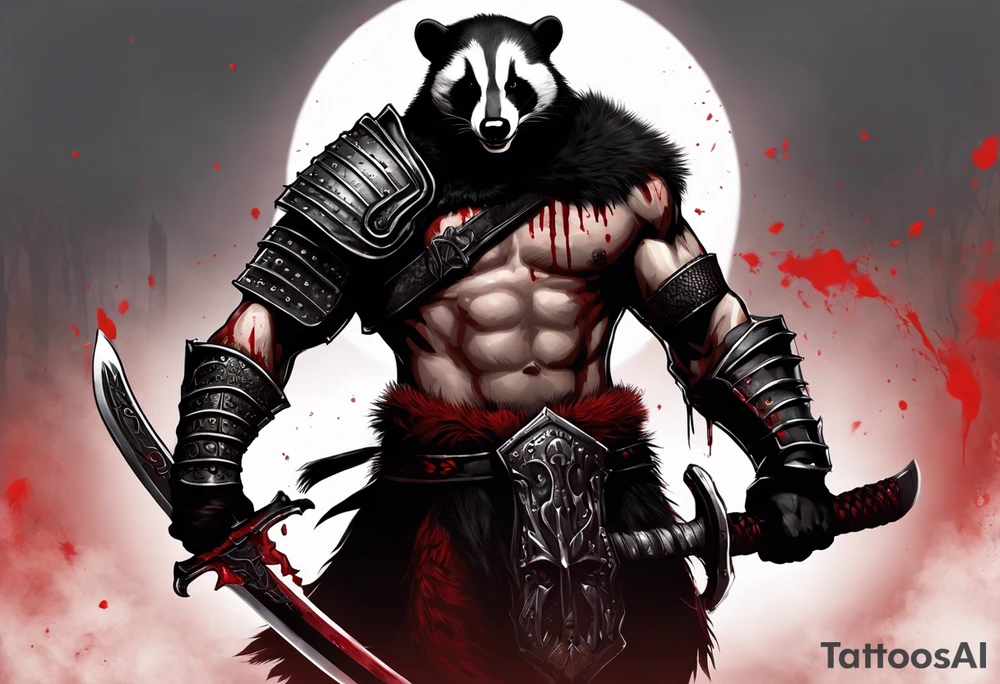 Draw me psychopath Badger/Berserker with aggressive full body, killer face with a scary smile, very long nails and he attacks like a Bloody Assassin/Warrior/Gladiator to us and also, he has very deadly looking. He fights with his nails. Everybody scares after their first sight. Give me horror type Badger Tattoo. I want to see his Realistic full body. tattoo idea