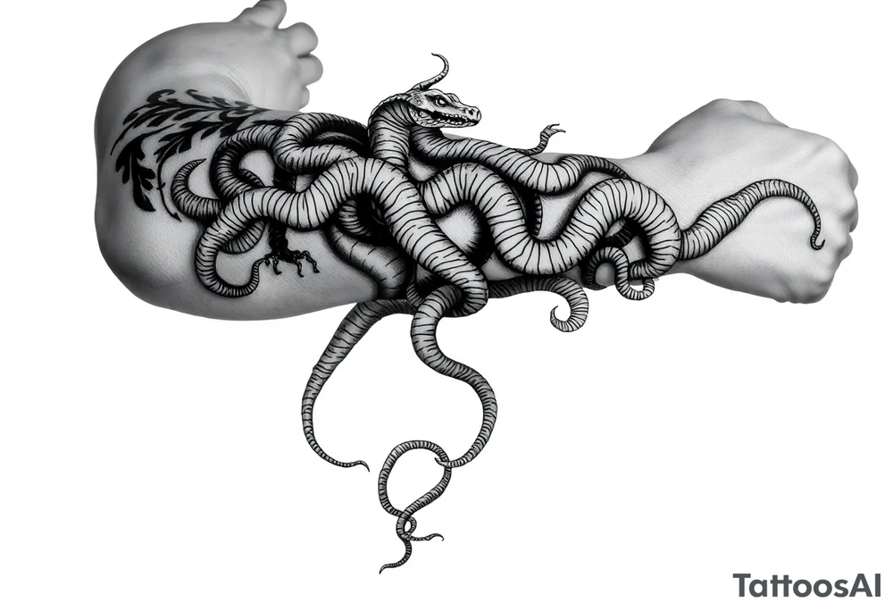 A big vine that splits wrapping around my arm with snakes climbing up it tattoo idea