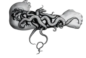 A big vine that splits wrapping around my arm with snakes climbing up it tattoo idea