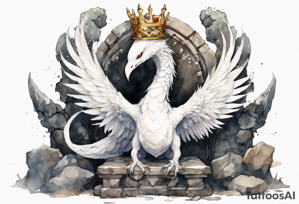 a white bird-serpent hybrid, wearing an iron crown on its head, resting on a stone throne tattoo idea