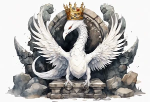 a white bird-serpent hybrid, wearing an iron crown on its head, resting on a stone throne tattoo idea