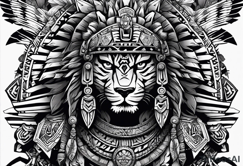 Aztec warrior full body with aztec symbols in the back ground and a tiger pelt on the warriors head tattoo idea
