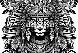 Aztec warrior full body with aztec symbols in the back ground and a tiger pelt on the warriors head tattoo idea