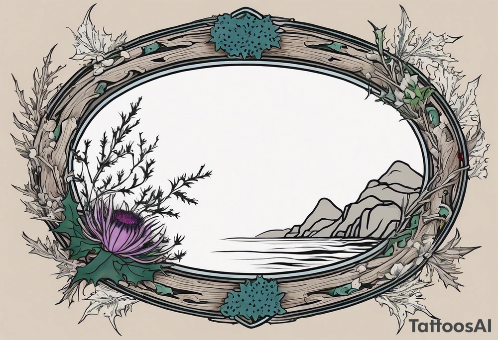 An oval frame of driftwood and seaweed with a thistle at the bottom of the frame and holly berries. The framed image is of a cliffside beside the sea. tattoo idea