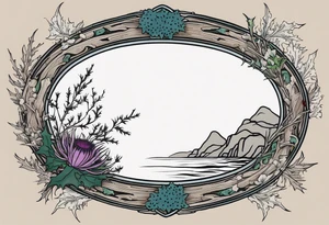 An oval frame of driftwood and seaweed with a thistle at the bottom of the frame and holly berries. The framed image is of a cliffside beside the sea. tattoo idea