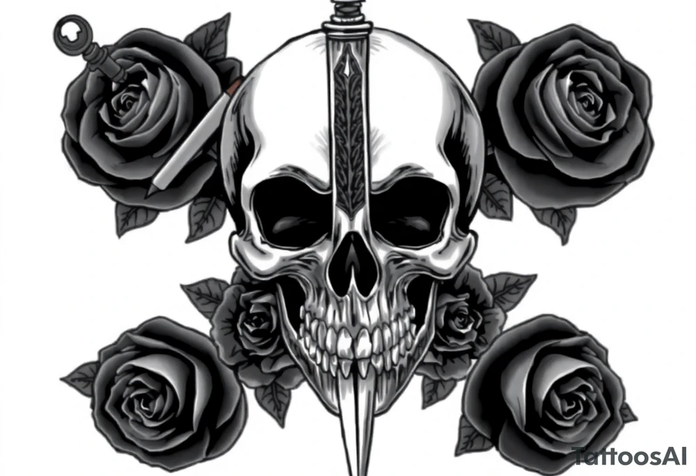 Skull and dark roses, one ornate broadsword piercing through. tattoo idea