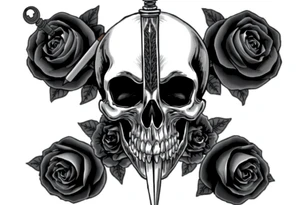 Skull and dark roses, one ornate broadsword piercing through. tattoo idea