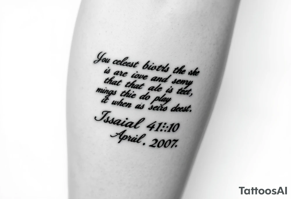 Leg tattoo that has the Bible verse Isaiah 41:10 and has Roman numerals for April 15th 2007 tattoo idea