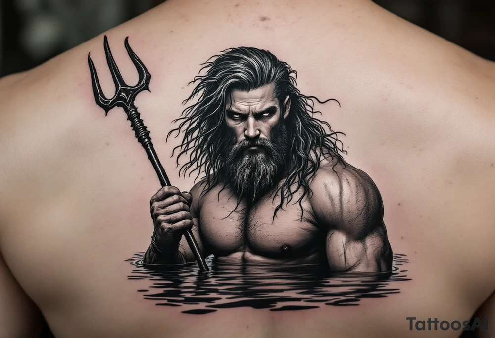 young, fit poseidon in calm water, holding a trident, holding a beer, looking at you tattoo idea