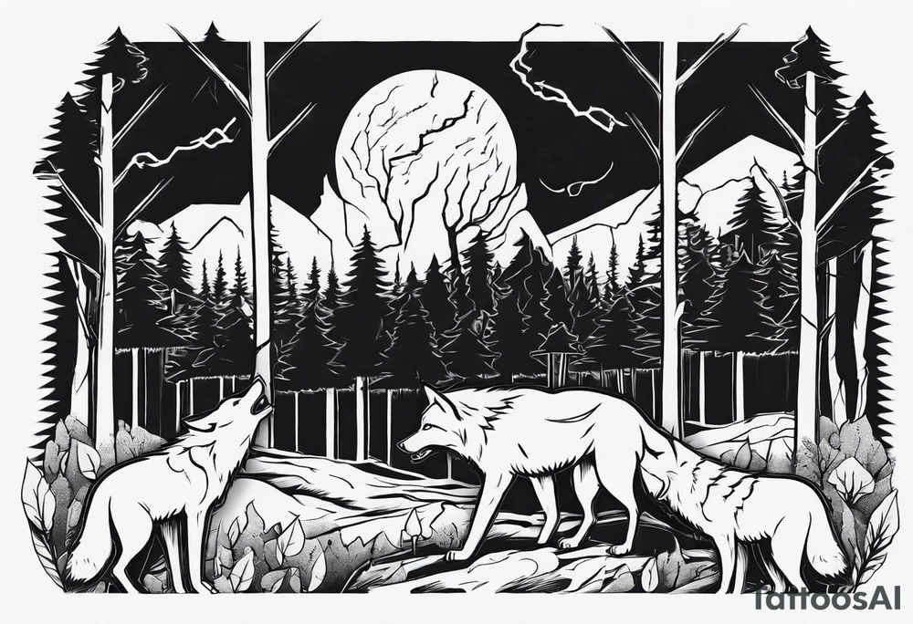 a thunder and lightning storm over a forest with a distant wolf howling and a drum circle tattoo idea