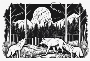 a thunder and lightning storm over a forest with a distant wolf howling and a drum circle tattoo idea