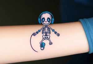 Cute smiley skeleton with dreamy eyes in his eyes jumping on a jump rope with blue headphones blue armbands blue sneakers and colorful  music notes around his head tattoo idea