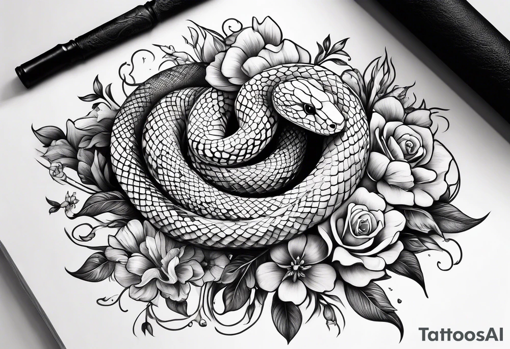 A snake and flowers around a bible verse in the middle tattoo idea