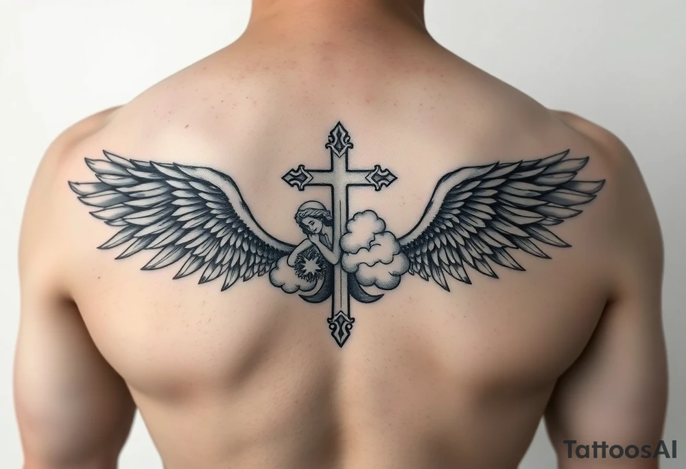 add cross neklace with one angel and some details cloud forearm tattoo idea