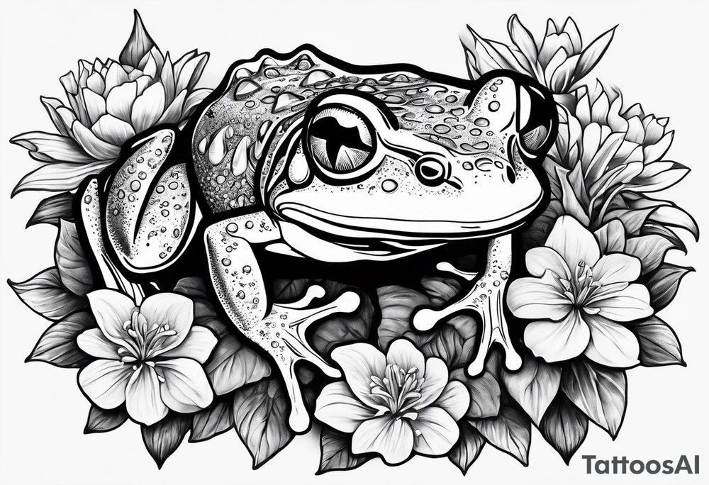 Frog with engagement ring and flowers and sharks tattoo idea