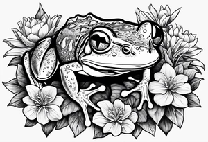 Frog with engagement ring and flowers and sharks tattoo idea