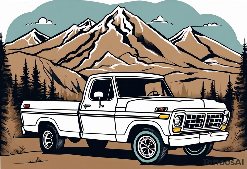 1974 ford f-100 in front of mountains tattoo idea