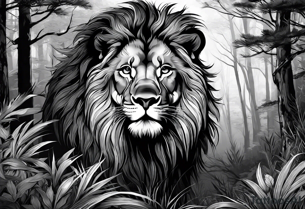 black and gray forearm sleeve tattoo where a lion is looking back as it is entering a forest tattoo idea