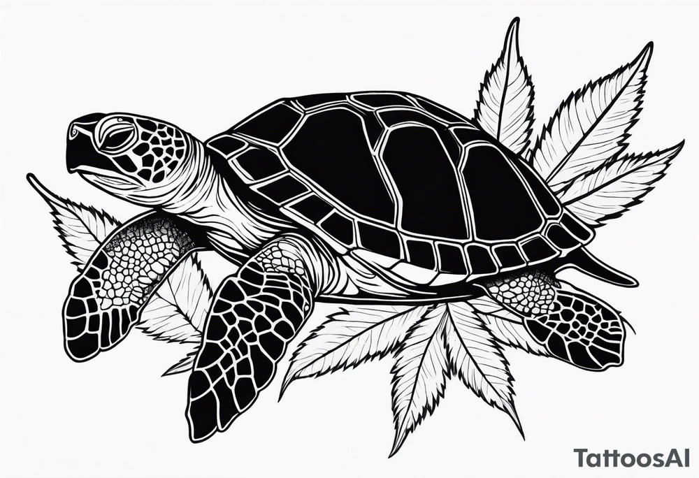 Turtle laying on its back on a marijuana leaf tattoo idea