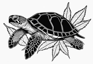 Turtle laying on its back on a marijuana leaf tattoo idea