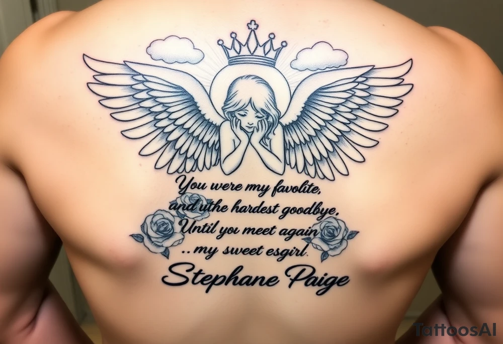A beautiful memorial tribute tattoo with a fallen angel with big beautiful wings kneeled down crying with roses all around and clouds above and beams of haven shining down. With the saying " You were my favorite hello,and my hardest goodbye.Until we meet again,my sweet girl,rest easy" with the name Stephanie Paige underneath the saying ,all in bold beautiful writing or font. Add a bold crown at the top of it all and any extras you feel would blend or go with this idea. tattoo idea