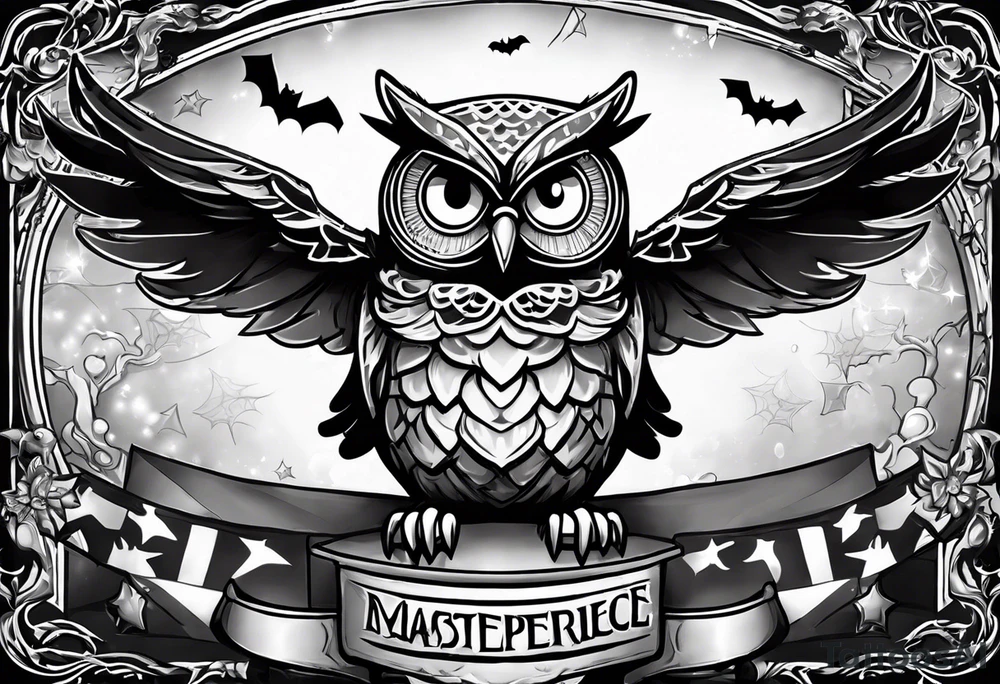 cartoon owl dressed up in a ghost halloween costume in a wrestling ring tattoo idea