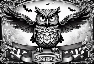 cartoon owl dressed up in a ghost halloween costume in a wrestling ring tattoo idea