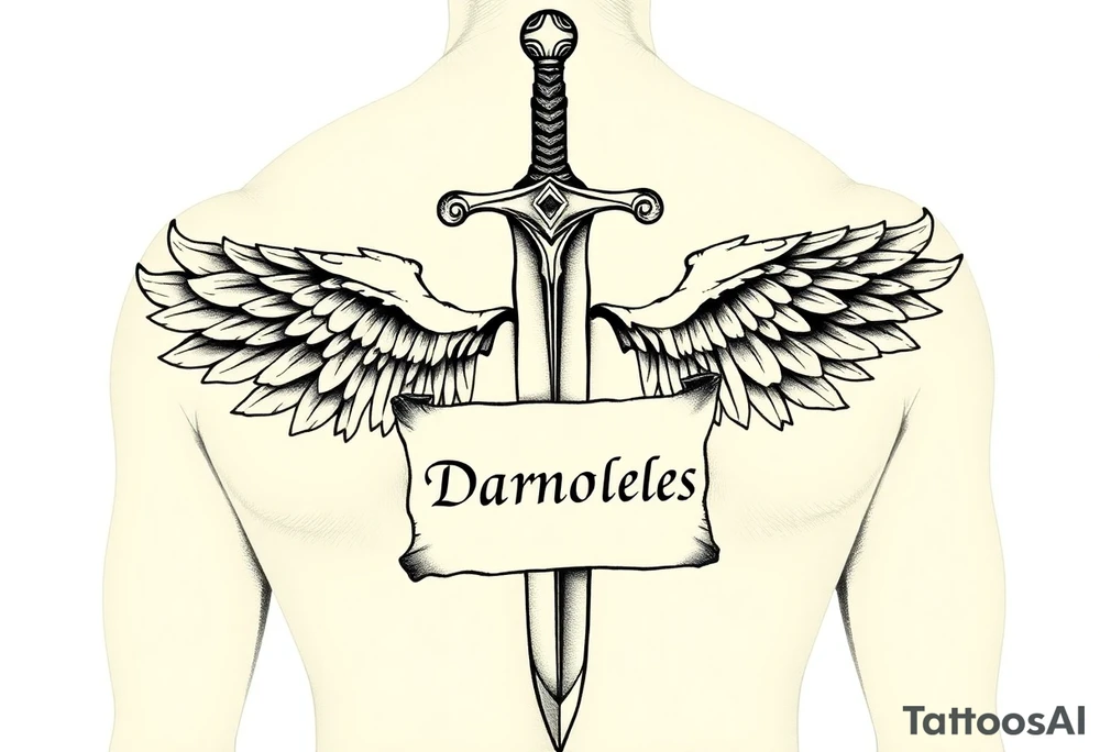 Please generate Polynesian style tattoos for me on my entire back according to my qualities and faults. 
My qualities are authenticity, constructive reflection after failure and balance in relationships.
My faults are emotional dependence on financial security, emotional flight and procrastination linked to uncertainty.
The sword should cover my back from top to bottom, passing over my spine with great relief and detail, surrounded by a parchment written in fine italic letters “Sword of Damocles”. tattoo idea