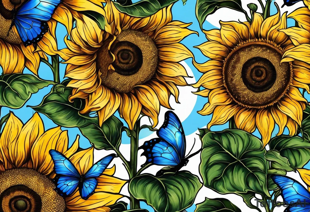Sunflowers, full moon, blue morpho butterflies cross tattoo idea