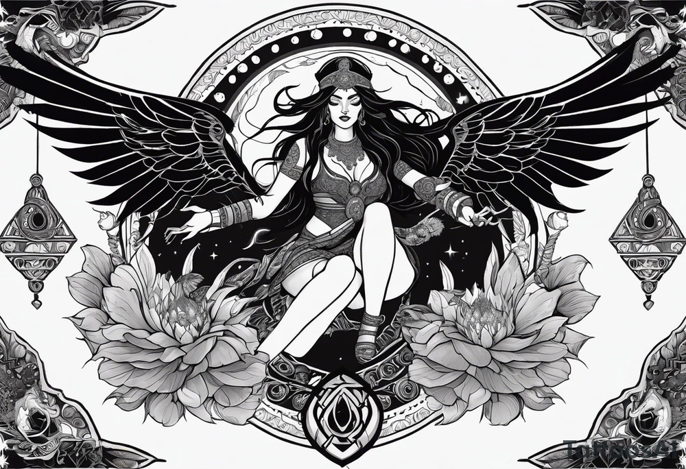black kali, goddess pirate, alien, angel, pachamama, valkrye, warrior, flying, skull, lotus azul, wing, eagle, zenza resonance, stars, 5D, anahata chakra, death, durga, riding on a tiger, flying lady tattoo idea