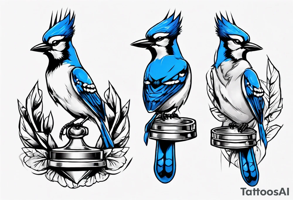 Bluejay wearing a headband and holding a trophy tattoo idea