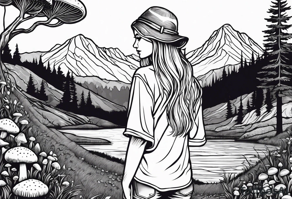 Straight long blonde hair hippie girl in distance holding mushrooms in hand facing away toward mountains and creek surrounded by mushrooms tee shirt and hiking pants tattoo idea
