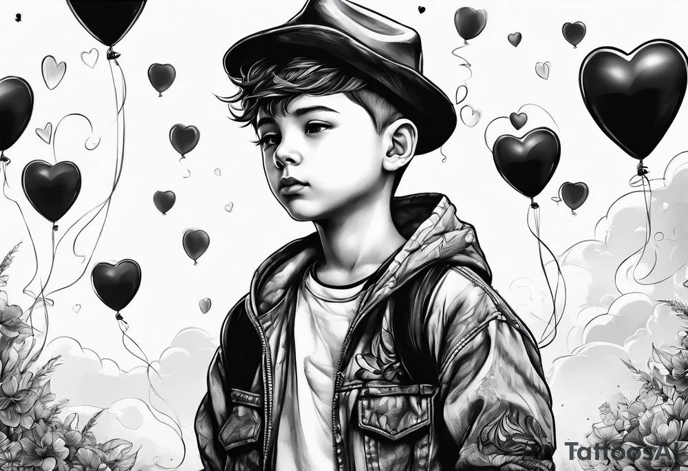 boy with heart baloon tattoo idea