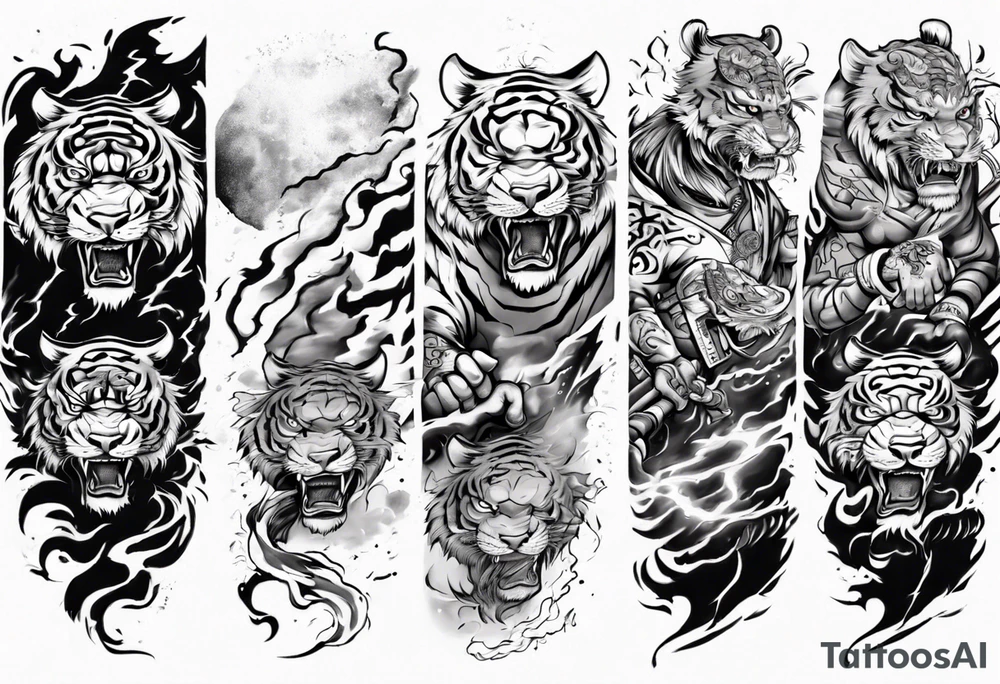 Tiger warrior with lightning and the sun for a forearm sleeve tattoo idea