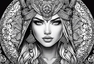 Viking, feminine warrior, mandala, bedroom eyes, headshot, closeup, full design, princess, round emblem tattoo idea