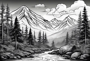 Mountain scene with a river with a subtle peace sign. Use IT IS WELL written in the scene tattoo idea
