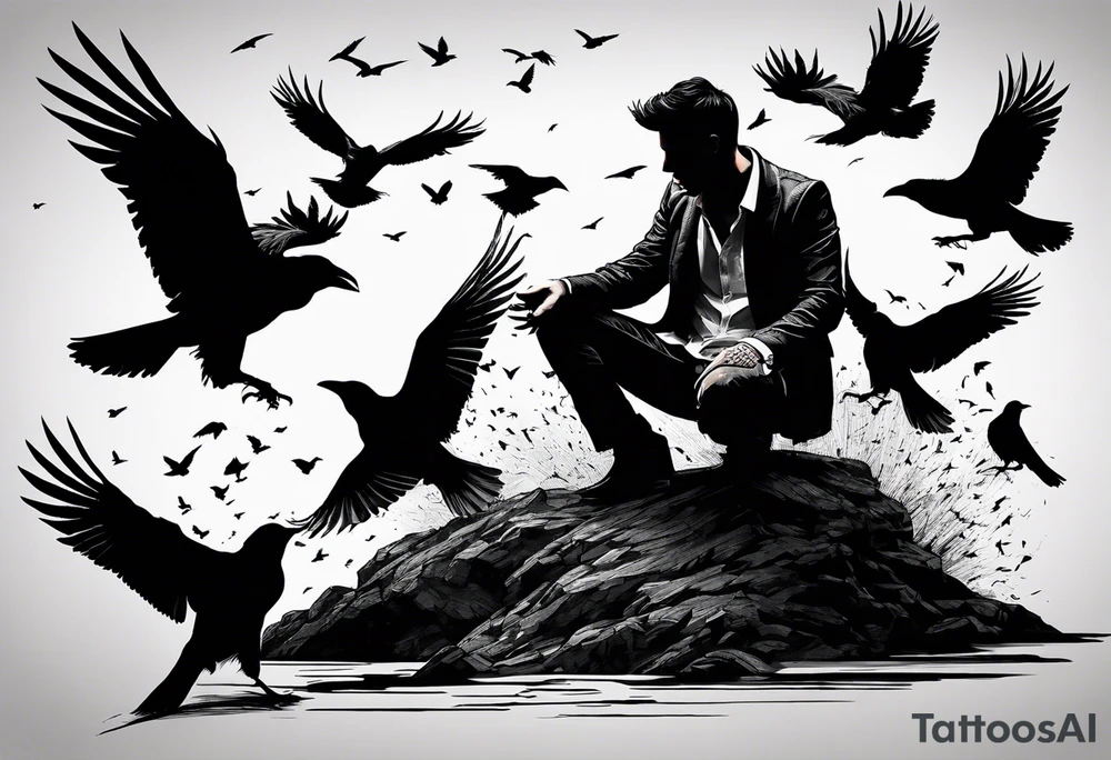Silhouette of a man on his knees bent over with crows coming out his back like pieces of him flying away. tattoo idea
