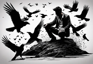Silhouette of a man on his knees bent over with crows coming out his back like pieces of him flying away. tattoo idea