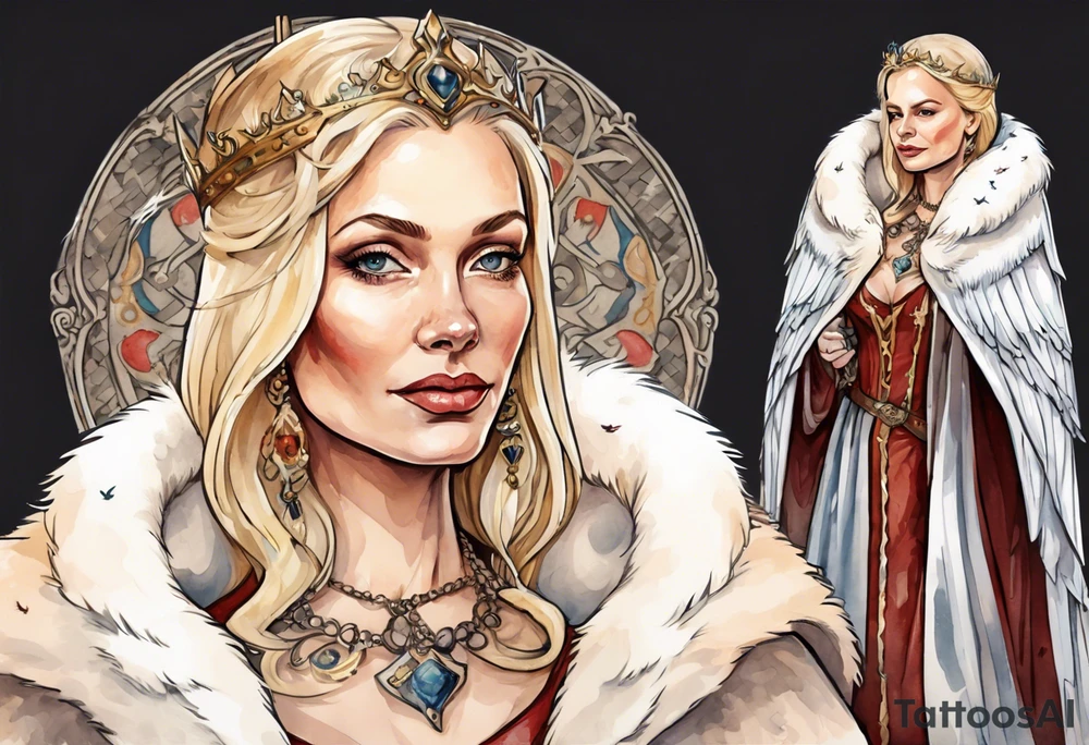 a 40-year-old medieval queen with blonde hair wearing a white fur cloak sitting on a throne with a dove on her shoulder tattoo idea