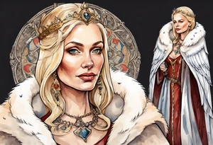 a 40-year-old medieval queen with blonde hair wearing a white fur cloak sitting on a throne with a dove on her shoulder tattoo idea