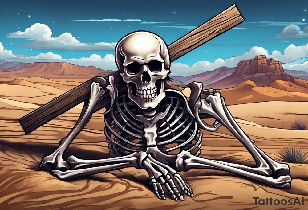skeleton crawling towards a cross in a desert tattoo idea