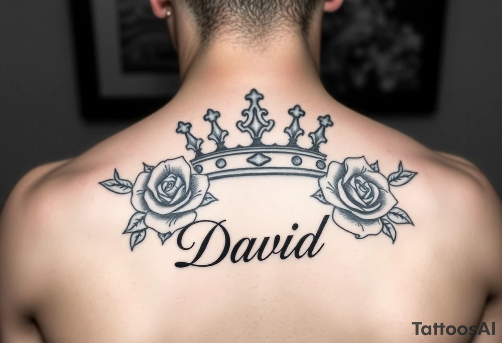 Medium size Kings crown above the name David and roses tattoo idea tattoo idea