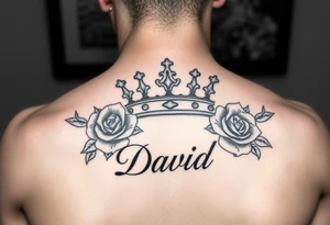 Medium size Kings crown above the name David and roses tattoo idea tattoo idea