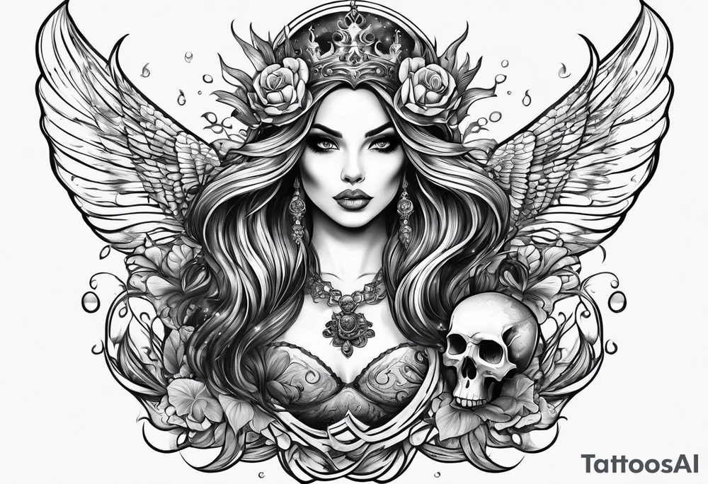 evil mermaid with skull tattoo idea