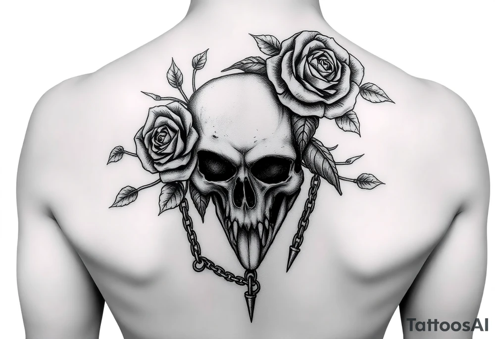 gothic fairy tale vibe we talked about: dark, thorny roses, skulls peeking through shadows, a bit of wild creature energy. Not perfect matches, but imagine tweaking 'em—rose from the eye, gator coiled like a guardian. This one's got that moody frame, vines creeping in—easy to swap in your Tudor rose and skull. Full-back chaos with skulls and chains... add the alligator jaws clamping down, and boom. tattoo idea